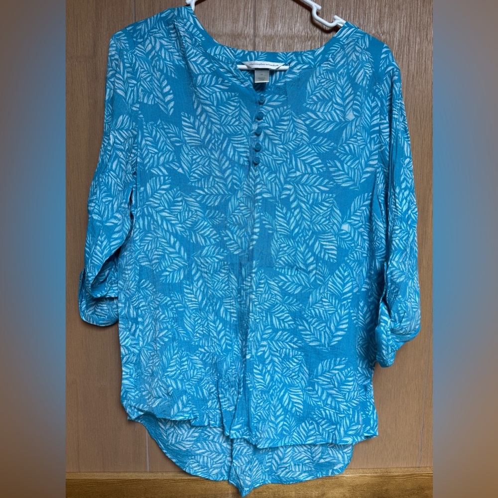 Christopher & Banks Teal Leaf Pattern Blouse